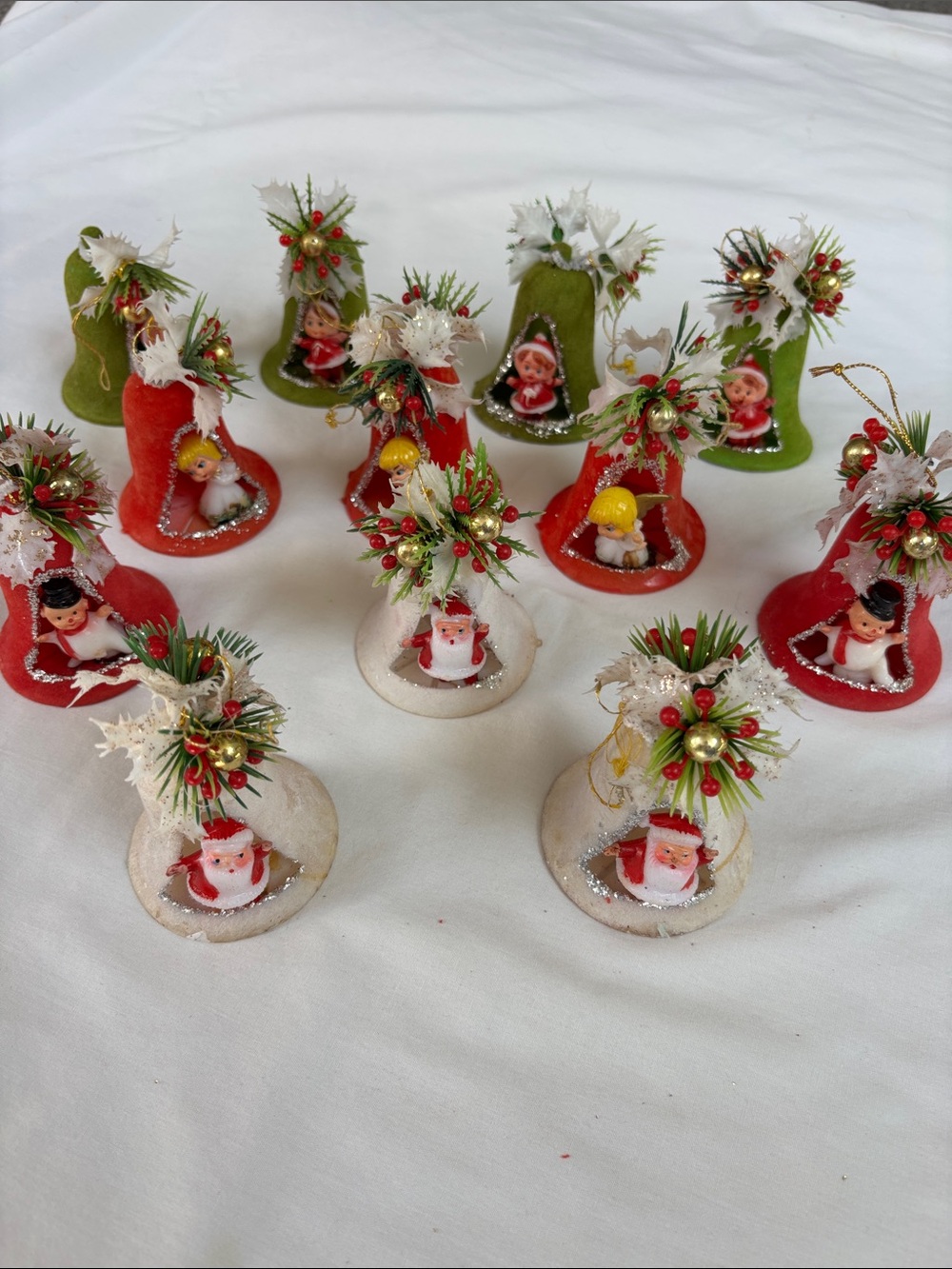 12 VTG flocked Diorama Christmas Bell pixie/elf Santa Angel Snowmen ornaments